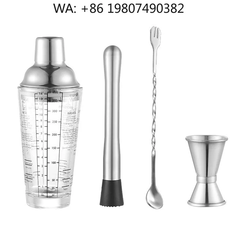 4 Pieces Glass Cocktail Shaker Mixing Kit, Stainless Steel Jigger Fork Muddler Spoon, Beginner  Bar Bartender Accessori