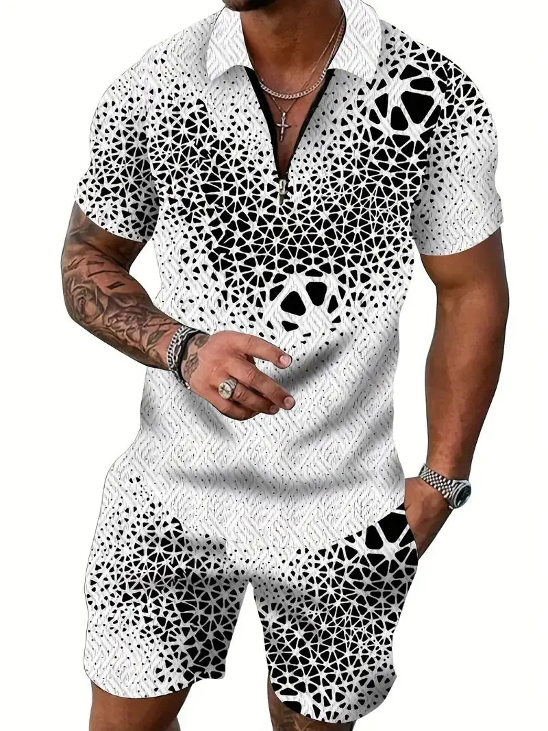 Summer Sequin Splicing 3D Print Men\'s Zipper Collar Tracksuit Trend Polo Shirt Fashion Shorts 2pcs Sets Men\'s Streetwear Set