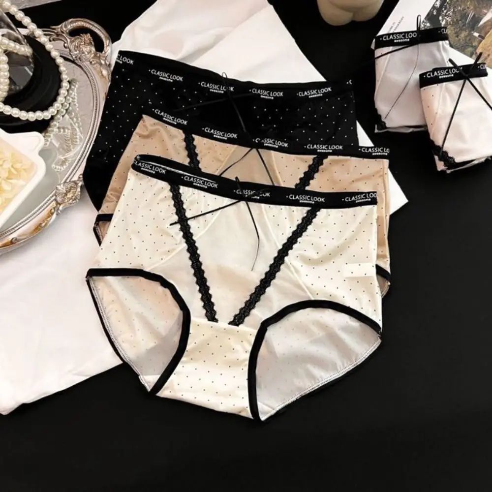 Comfortable Mesh Women's Underwear Satin Hollowed-out Wave Point Underpants Bow Seamless Briefs Daily