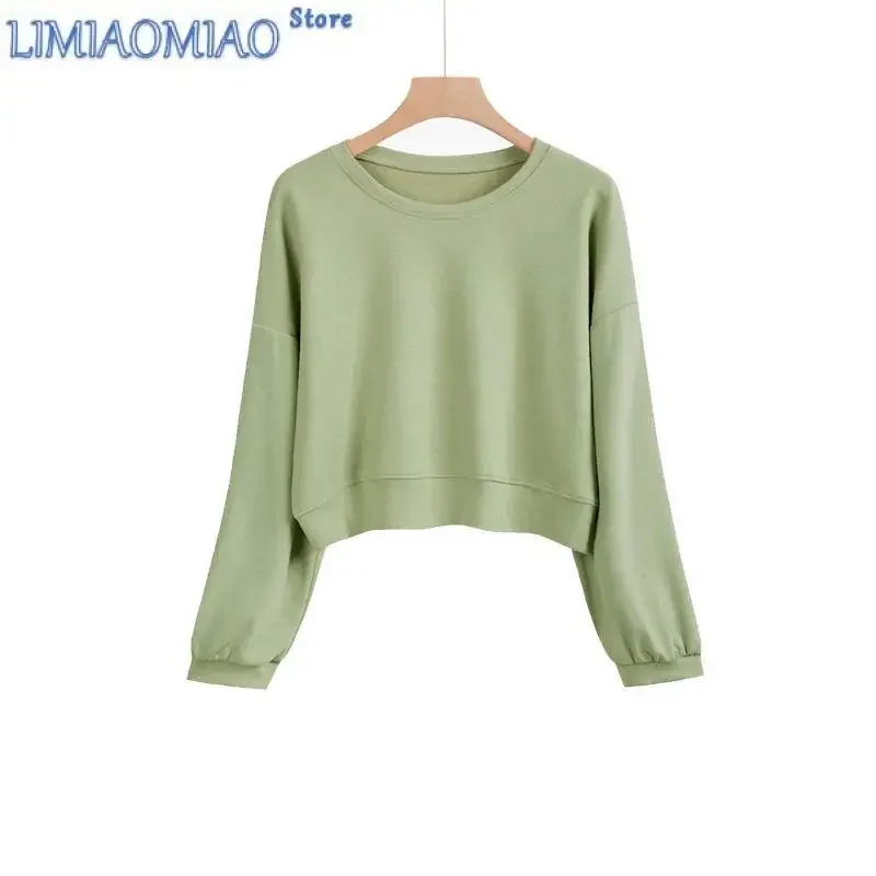 Korean Solid Color Sweatshirts New Autumn Women's Wear Fashion Temperament O-collalr Long Sleeve Loose Short All-match Top