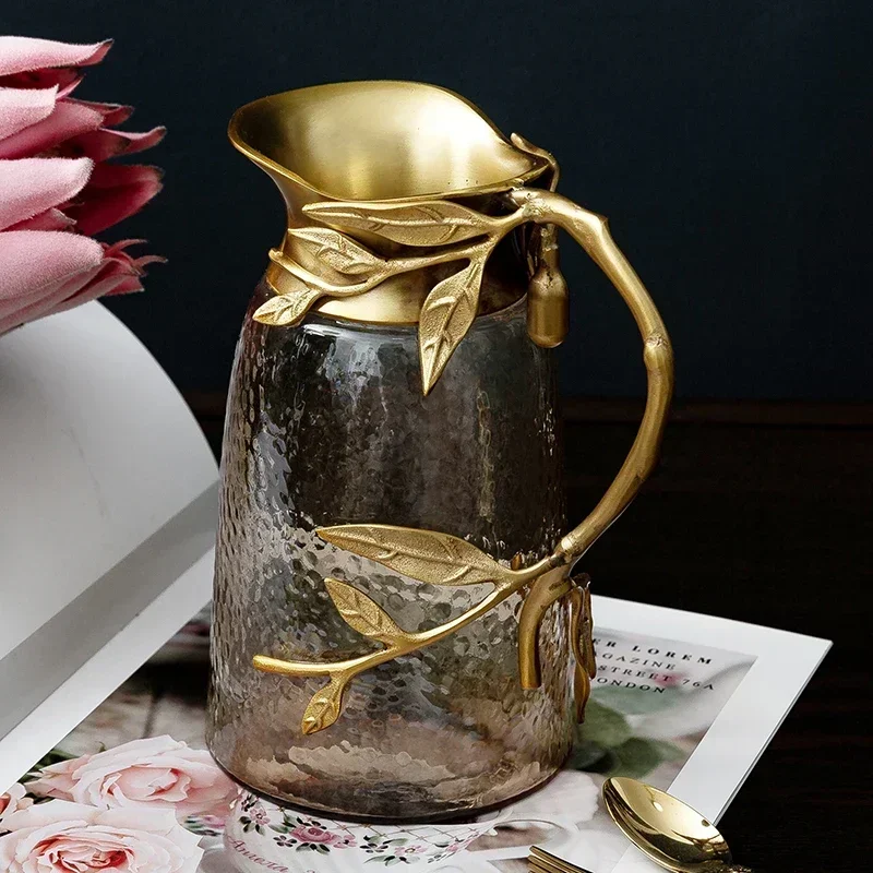 Imported high-end luxury brass glass cool and hot tea kettle, home vintage red wine decanter, decorative vase ornaments
