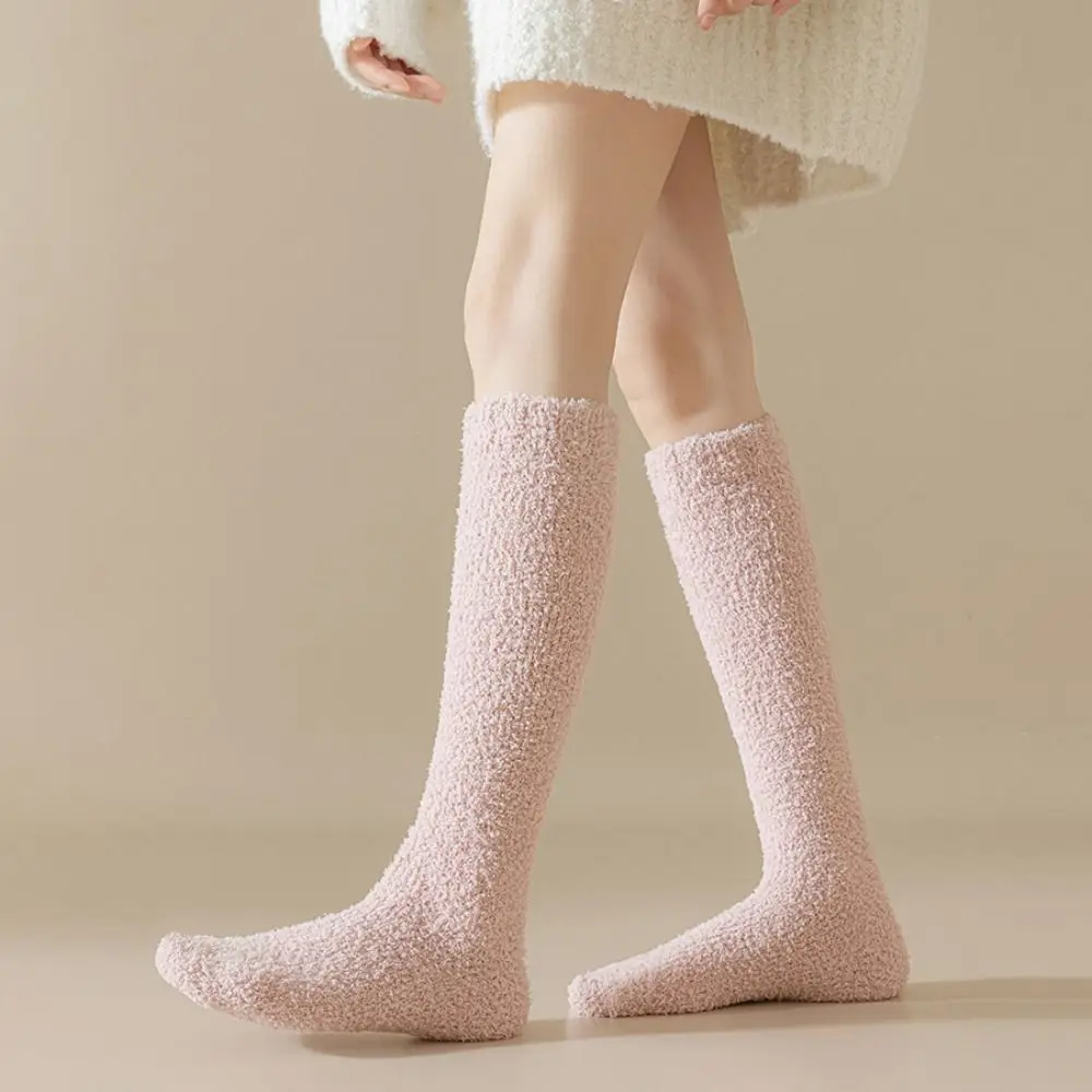 3Pairs Simple Coral Fleece Socks Sleeping Winter Knee High Stockings Comfortable Hosiery Floor Plush Socks For Female Men