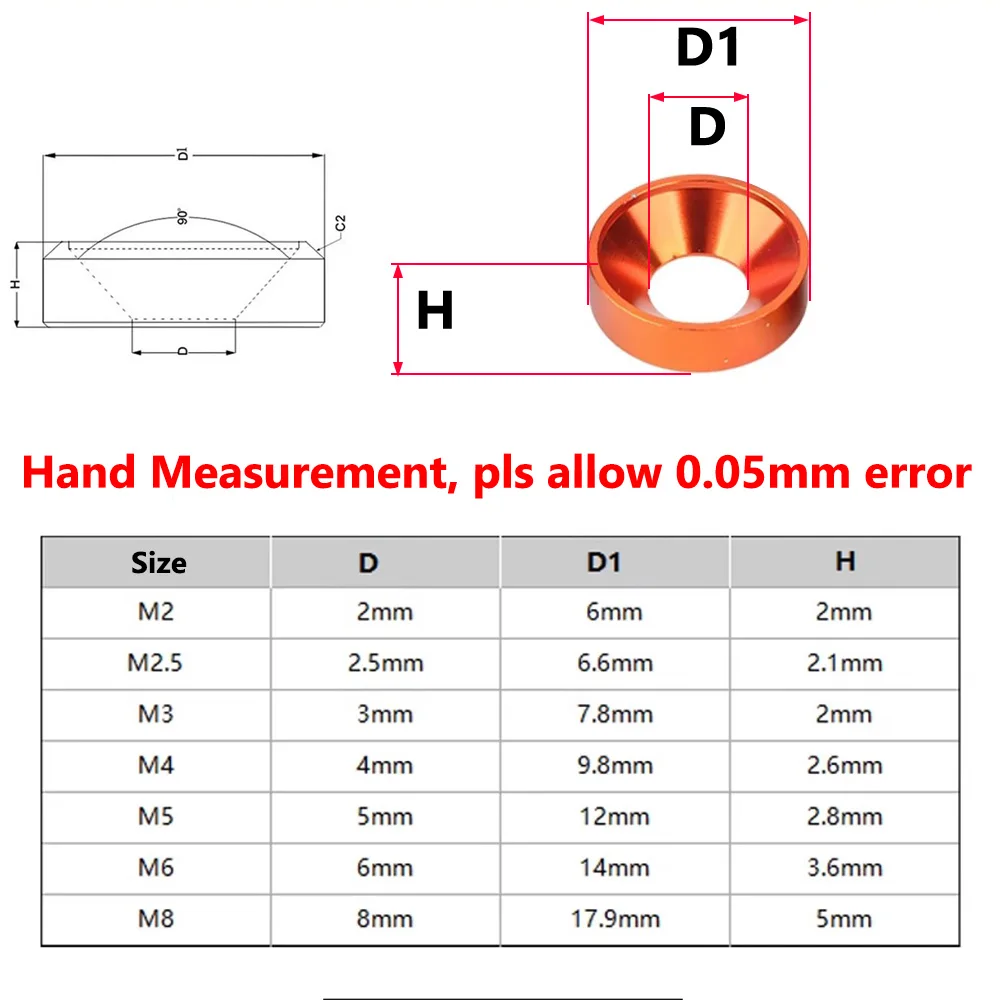 Aluminum Alloy Conical Washers Aluminium Colorful Anodized  M2 M2.5 M3 M4 M5 M6 M8 For Countersunk Screw Spacers Gasket 5-15Pcs