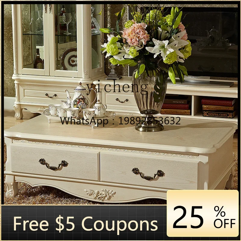 EE Solid Wood Coffee Table Living Room with Pumping Simple Antique Four Buckets White Pastoral Tea Table