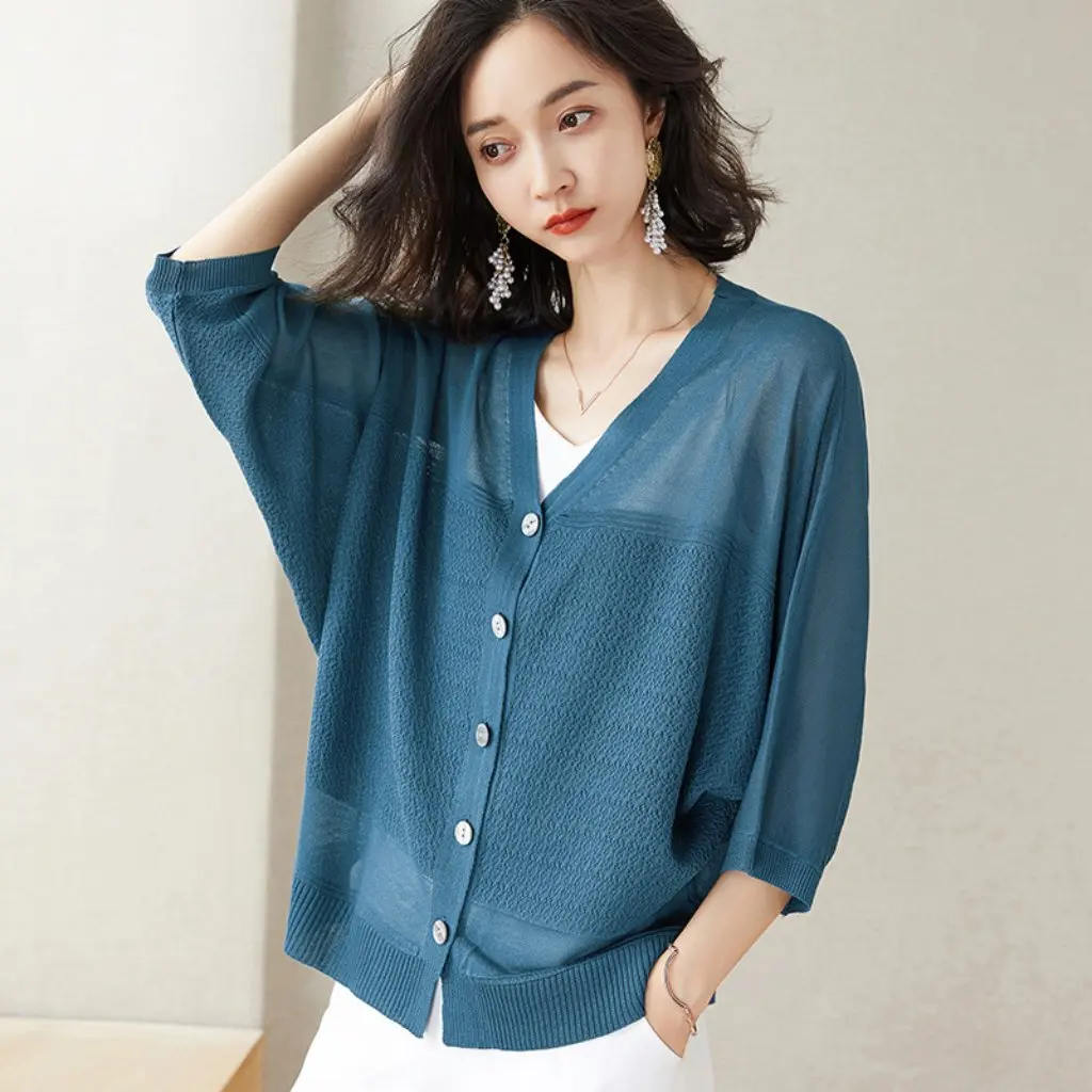 

Women's Summer Lightweight Ice Silk Knitted Cardigan Shawl Sun Protection Clothing with Skirt Suspenders Outer Blouse New