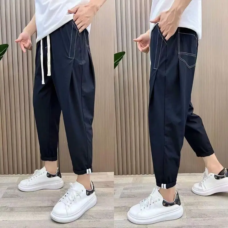 

Summer Thin Haren Pants Men Casual Black Nine Point Pants Hip Hop Korean Loose Pockets Sweatpants Harajuku Drawstring Trousers