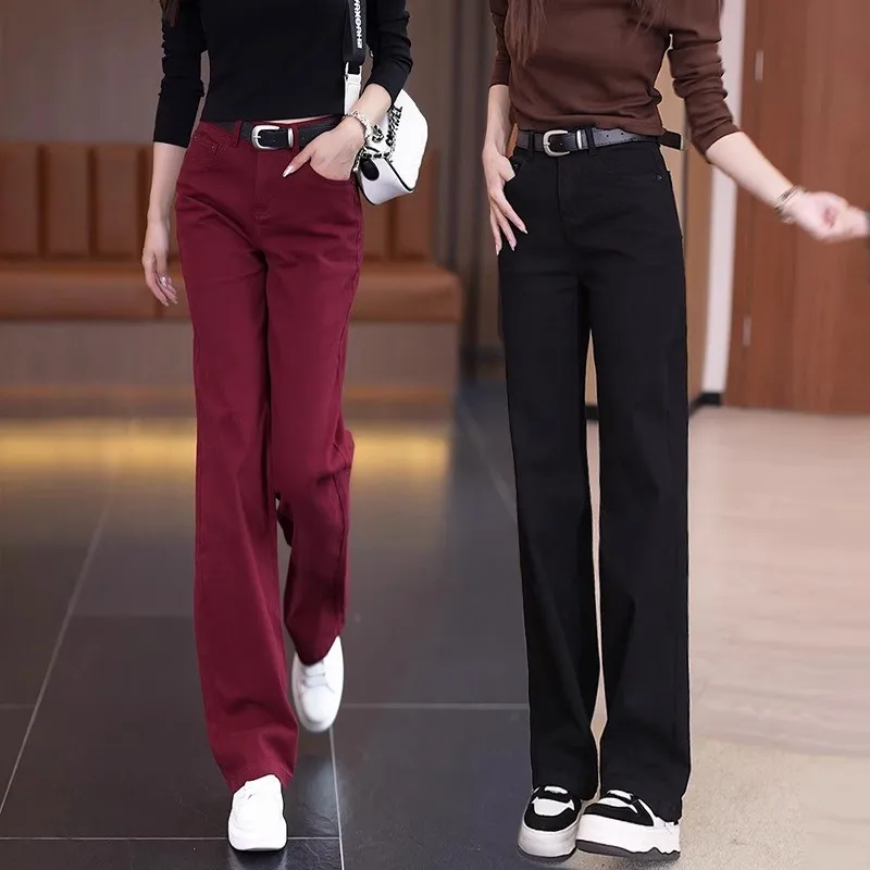 

Красные узкие прямые джинсы с высокой талией, женские 2024, весенне-осенние новые утягивающие свободные универсальные широкие брюки