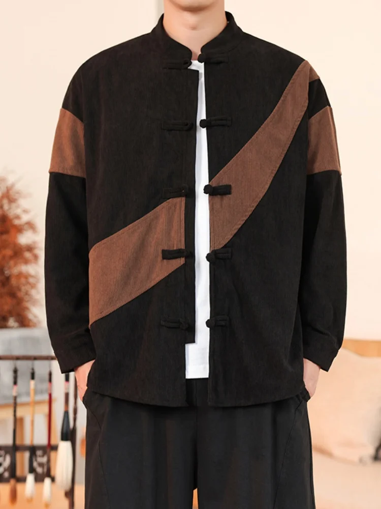

Corduroy Shirt Jacket Men's Spring Autumn Vintage Button Splicing Tang Costume Middle Aged New Chinese Hanfu Long Sleeve