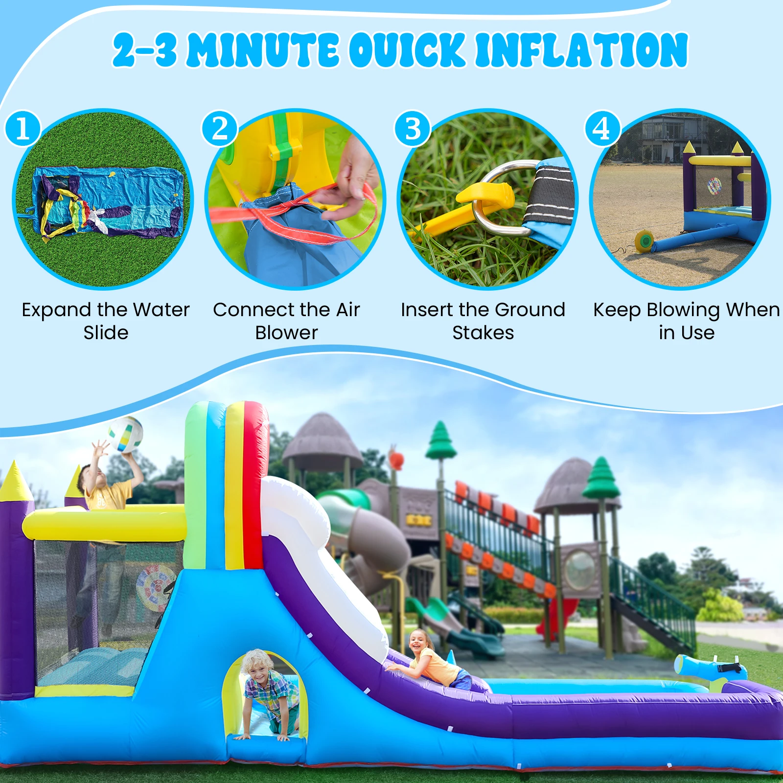 

Надувная водная горка Bounce House Combo с горкой, альпинистской стеной, препятствиями, батутом, ямой для мячей, бассейна с разбрызгами воды