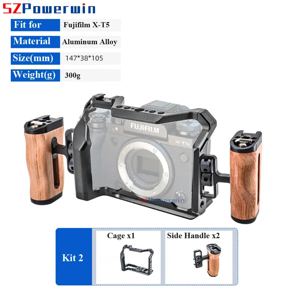 Powerwin For Fujifilm X-T5 Camera Cage Rig Kit with wooden Handle Multifunctional Arri Locating Screw Aluminum Alloy