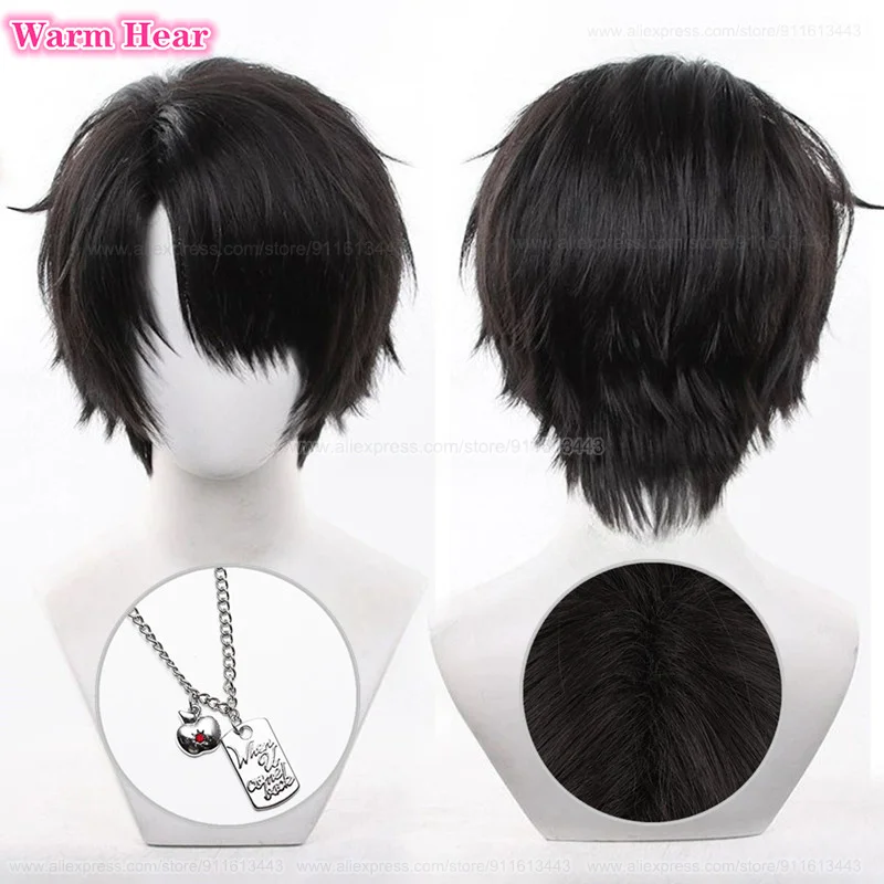 

Аниме Caleb синтетические волосы короткие 30 см черный пушистый парик для косплея и ожерелье термостойкие волосы Хэллоуин вечерние парики для ролевых игр