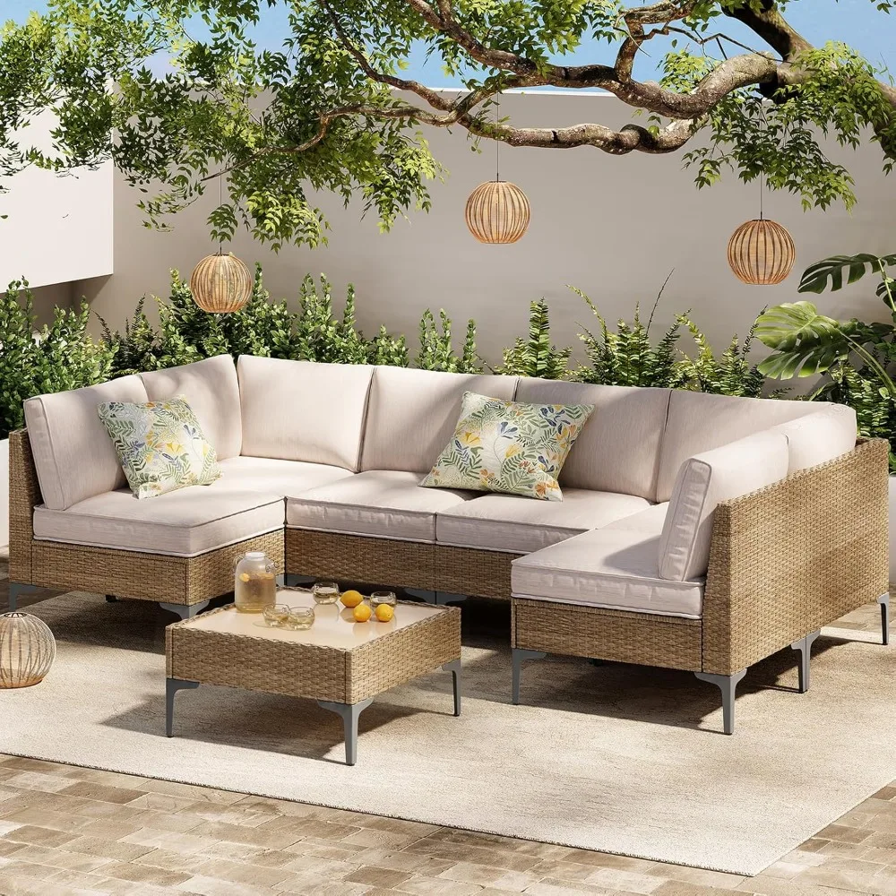 

7-Piece Patio Furniture Set, Outdoor Wicker Sectional Sofa with Coffee Table, Anti-Slip & Thick All-Weather Cushions for Garden,