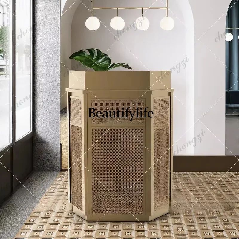 Welcome desk Reception desk, simple modern restaurant checkout page Hexagonal rattan stainless steel checkout page