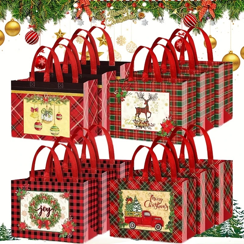 Sacs cadeaux de Noël, sacs fourre-tout de Noël avec poignées, sacs de courses réutilisables en non-tissé pour l'emballage de cadeaux de Noël, fête de fin d'année