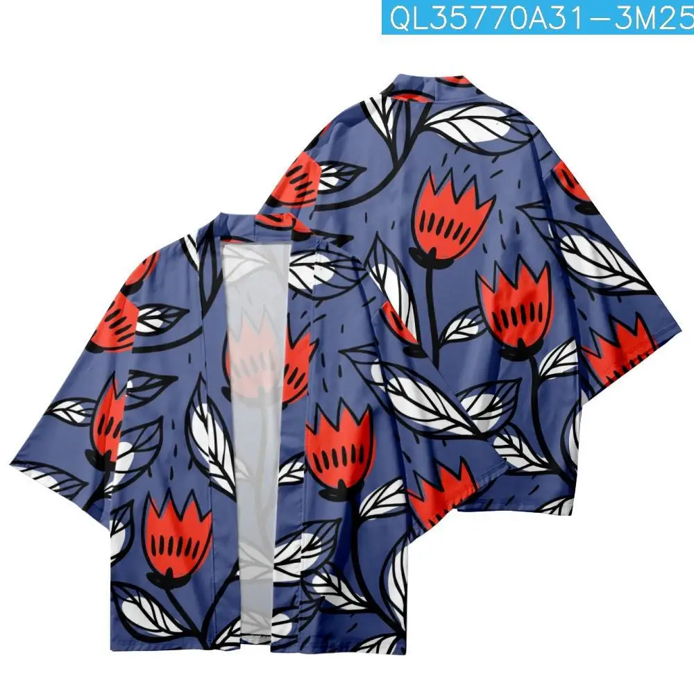 Loose Cartoon Flower Leaves Printed Blue Kimono Beach Shorts Streetwear Summer Casual Couple Women Men Haori Yukata Cardigan