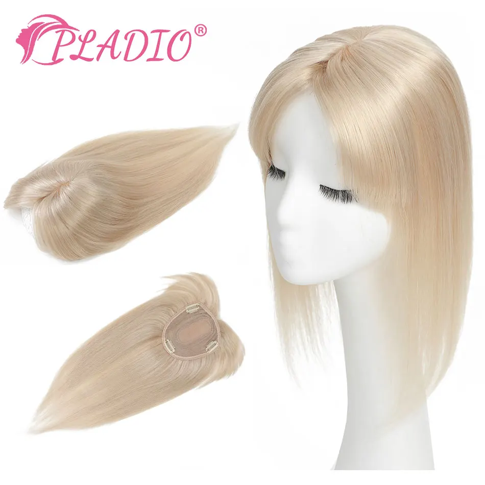 PLADIO 13*12cm 8" 10" 12" 14" Topper Hair Piece with Bangs 100% Real Remy Human Hair Topper for Women With Thin Hair