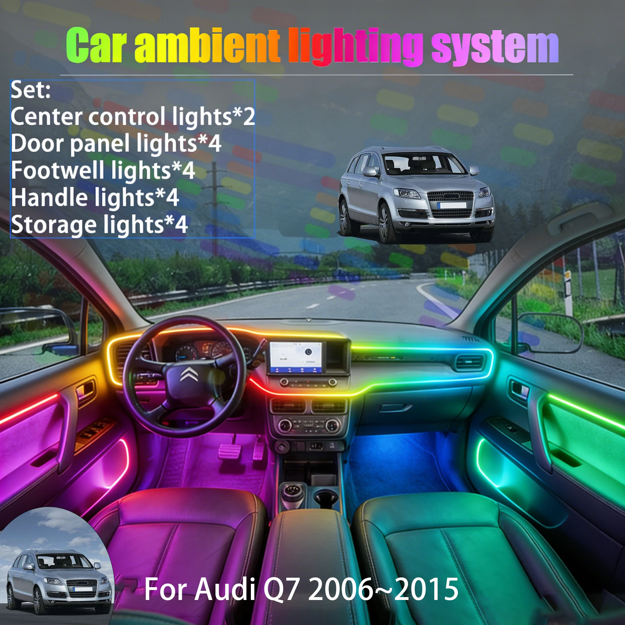 

Для Audi Q7 2006~2015 4L MK1 2/18 в 1: Комплект светодиодной подсветки салона и багажника, USB RGB, с эффектом потока, аксессуары