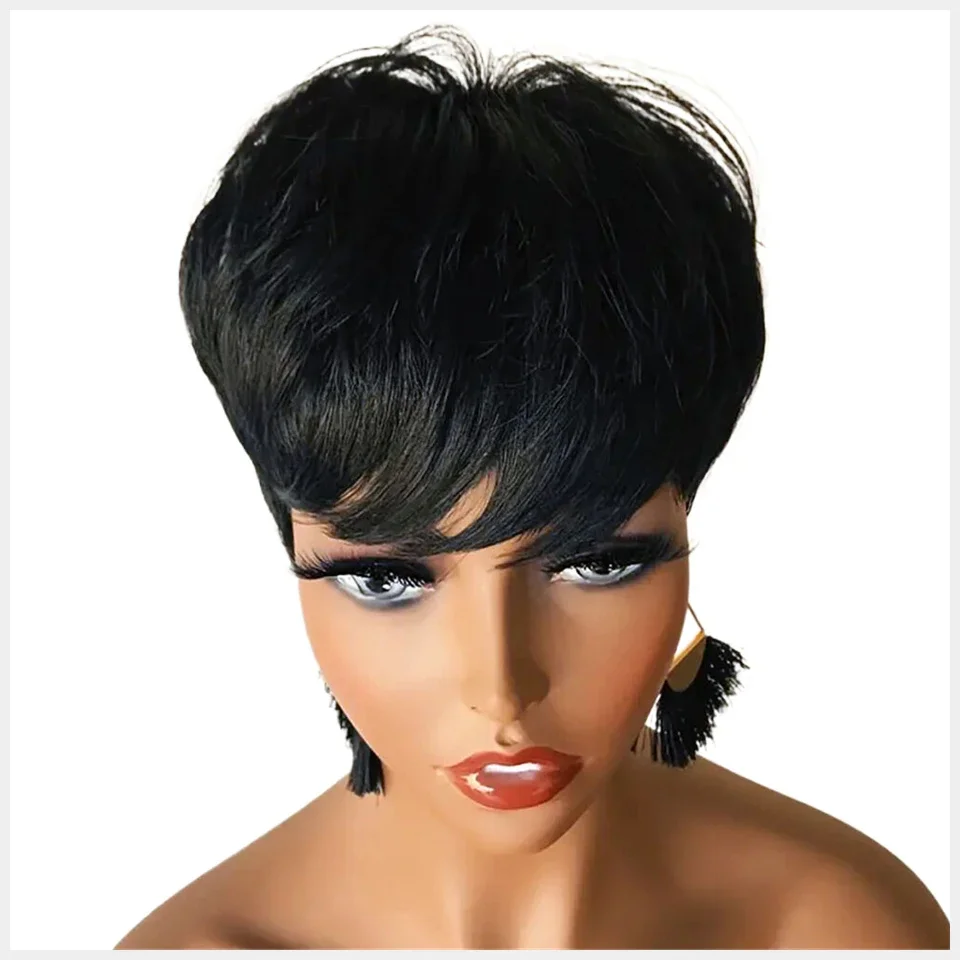 Straight Human Hair Pixie Cut Wigs for black women Full Machine Made Wigs Natural color Glueless Bob Hair Wig Women Daily Wear