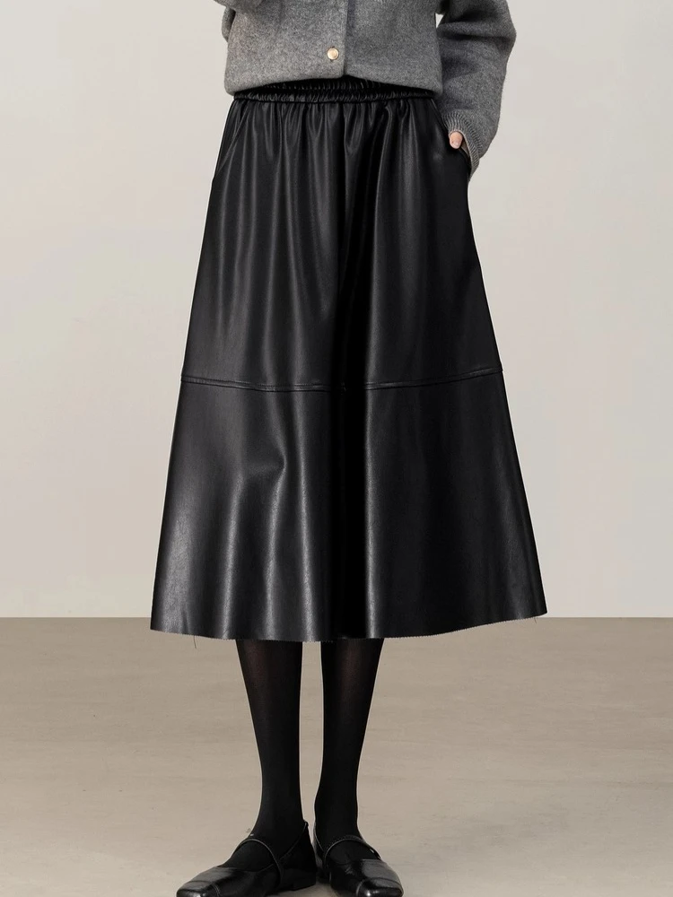 

SENTUBILA PU Leather Skirt for Woman 2025 Winter Elastic High Waist Skirt Women's Elegant Fashion A-Line Solid Clothes 154QO3800