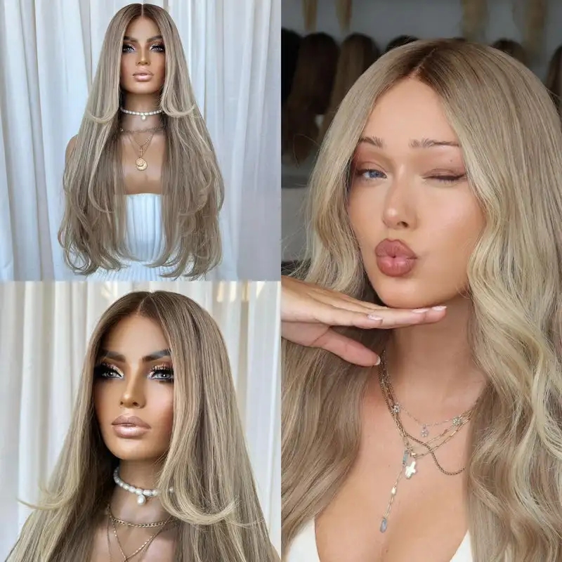 24“ Long Middle Parting Platinum Blonde High Quality Synthetic Lace Wig Slightly Wave Preplucked Hairline Glueless Wigs Female