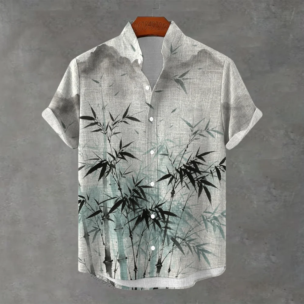 2026 New Men's Chinese Style Stand Collar Short-Sleeve Shirt, Chinese Ink Landscape Print, Loose Fit Plus Size Casual Shirt