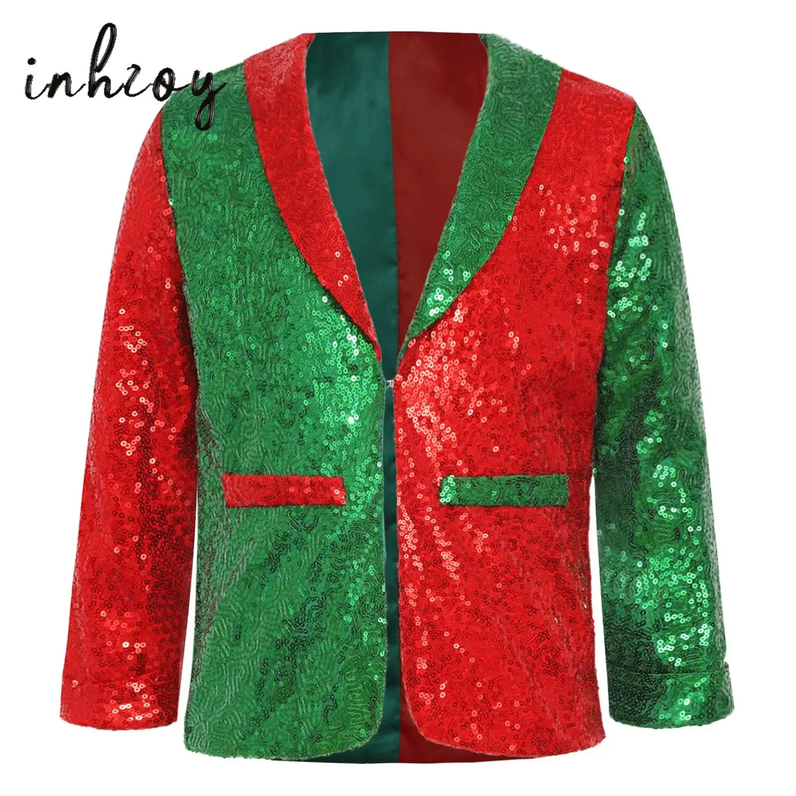 

Kids Girls Boys Christmas Jacket Santa Claus Costume Shiny Sequins Lapel Collar Long Sleeve Coat Latin Jazz Disco Dance Top
