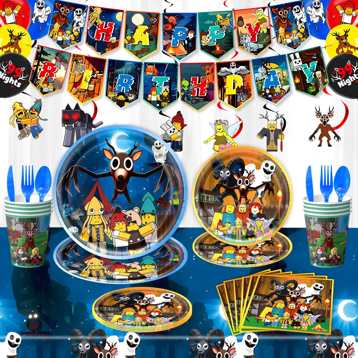 أحدث لعبة البقاء على قيد الحياة 99 ليلة في الغابة بالون راية Caketopper طبق هدية حفلة عيد ميلاد الديكور #1
