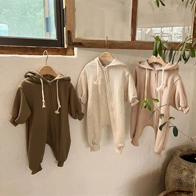 Korean Style Baby Boys Girls Jumpsuit Cotton Long Sleeve Hooded Infant Baby Girls Boys Rompers Spring Autumn Baby Clothes