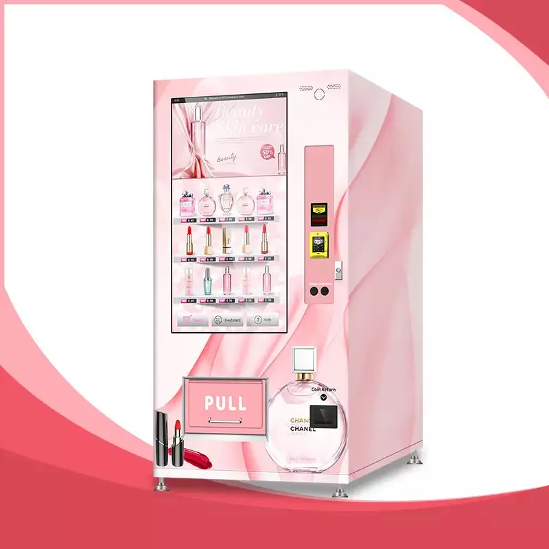 50 นิ้ว Touch Screen แก้วขวดเครื่องหยอดเหรียญลิฟท์น้ําหอมเล็บลิปสติก Eyelash Beauty เครื่องสําอาง VendingMachine