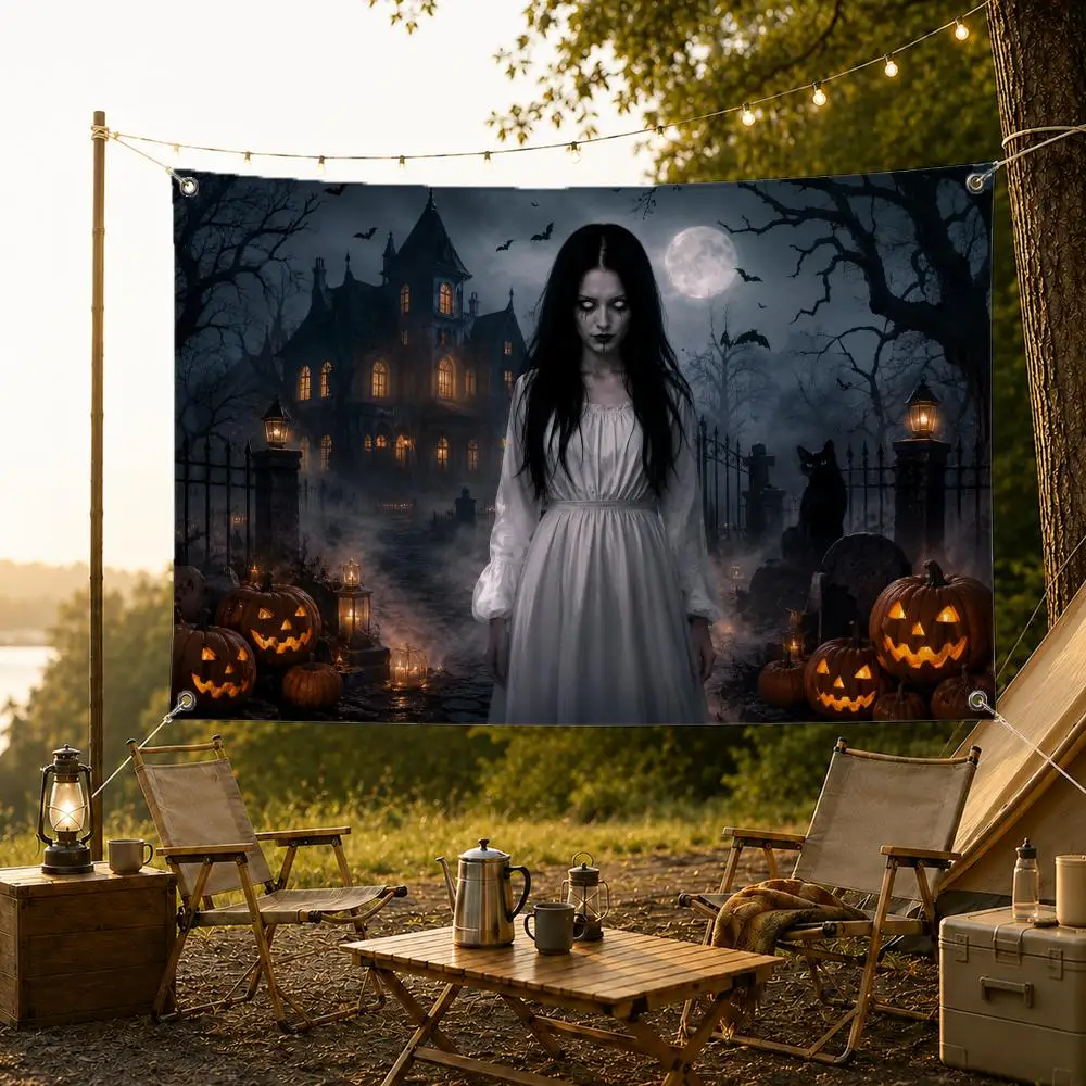 Horror Halloween Ghost Girl Flags Fade Resistant Flag Washable Lightweight HD Print Indoor Outdoor All-Weather