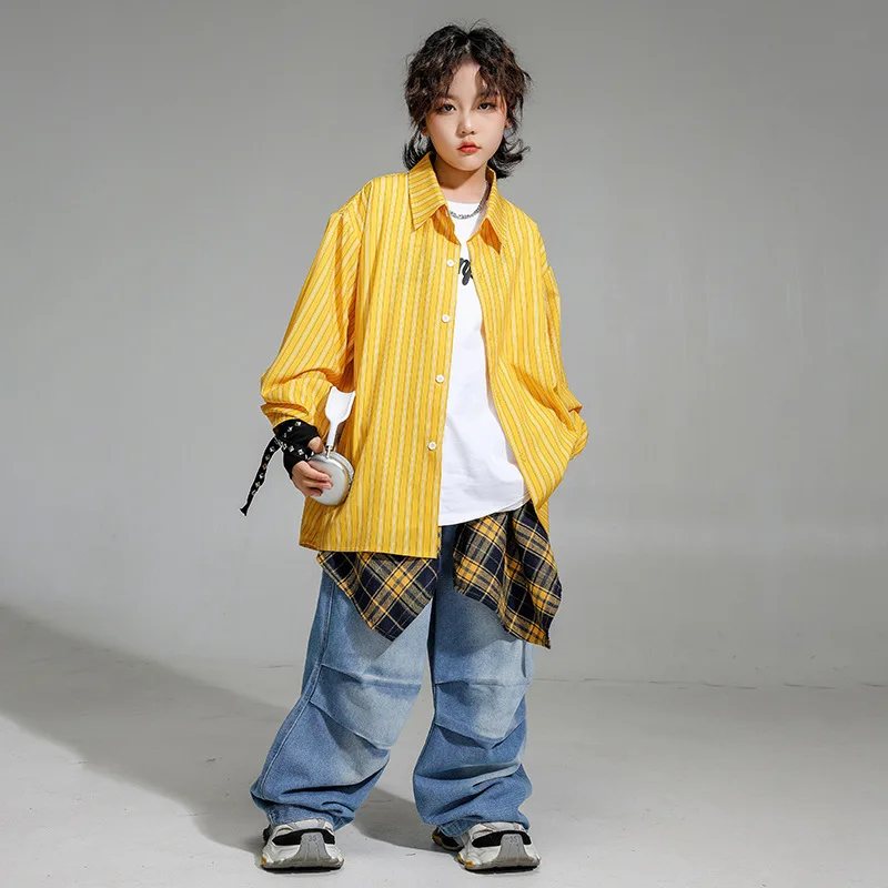 

Kid Hip Hop Clothing Yellow Striped Shirt Denim Blue Casual Pleated Jeans Baggy Pants for Girl Boy Jazz Dance Costumes Clothes