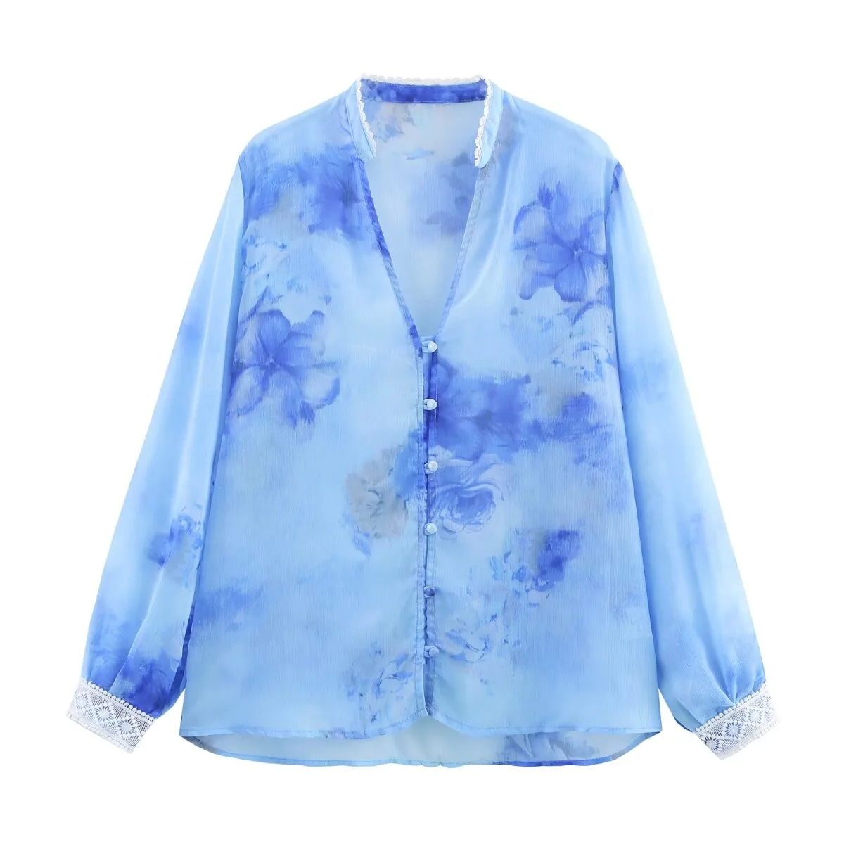 Withered 2026 Summer New Women's Versatile Lace Small V-neck Single Breasted Lantern Long Sleeve Loose Shirt