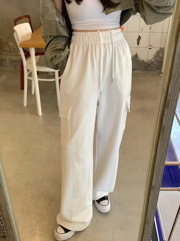 Calças casuais chiques com cinto de cintura alta American Sle Faionable Calças de trabalho de pernas largas com grandes chuteiras para mulheres