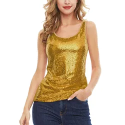 Sexy Women Sequined Bling Shiny Tank Tops Sleeveless Glitter Camis T-Shirt Vest Ladies Sling Sparkle Shimmer Vest Tee Top