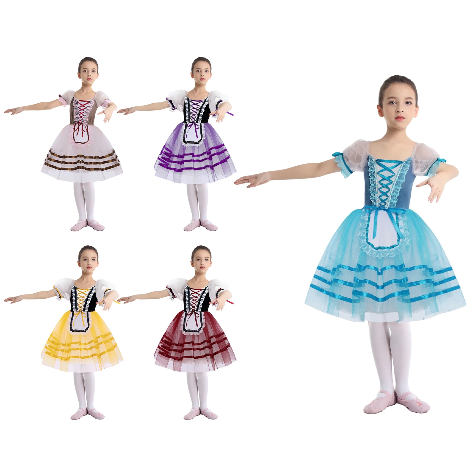 فستان باليه توتو للأطفال البنات بأكمام منتفخة مزين بالدانتيل ورباط علوي من المخمل فستان بطبقات للجمباز والتزلج على الجليد