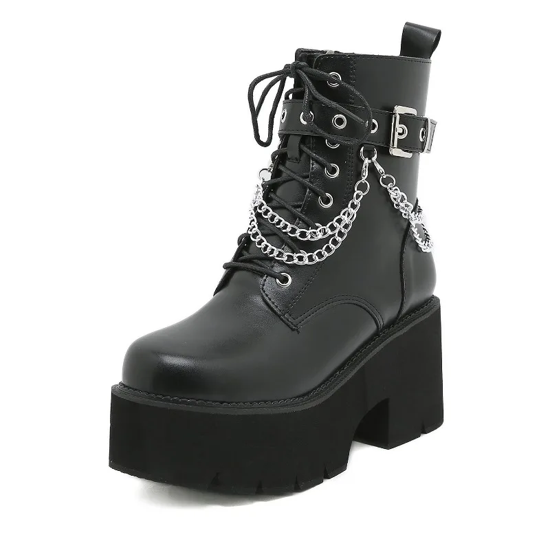 

Women Boots Punk Style Platform Boots High Quality Leather Gothic Women Ankle Booties Chain Chunky Thick Sole Boots Botas Mujer