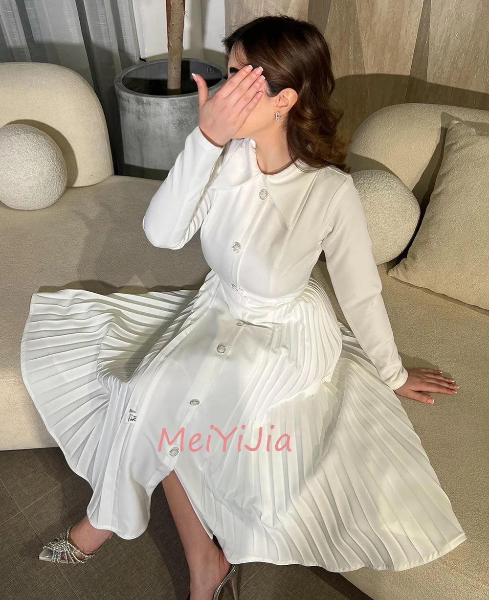 MeiYiJia O-Neck Simple A-Line Prom Long-Sleeves Button Ruffle Crepe Saudi Arabia Sexy Evening Birthday Club Outfits Summer 2024