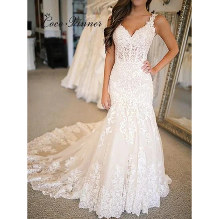 ไหล่คู่แขนกุดสวยลูกไม้A Ppliquesเงือกชุดแต่งงานที่กําหนดเองยาวหางซิปชุดเจ้าสาวที่สง่างามW1336