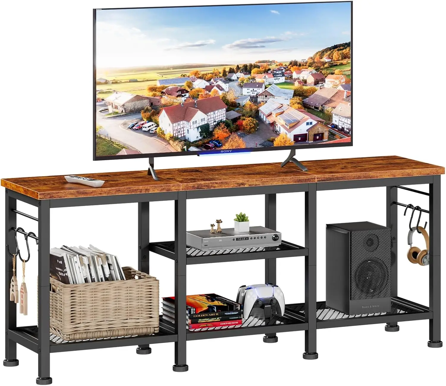 TV Stand for TVs up to 55 Inch, Entertainment Center with Open Storage Shelves, TV Media Console Table with Soundbar Shelf