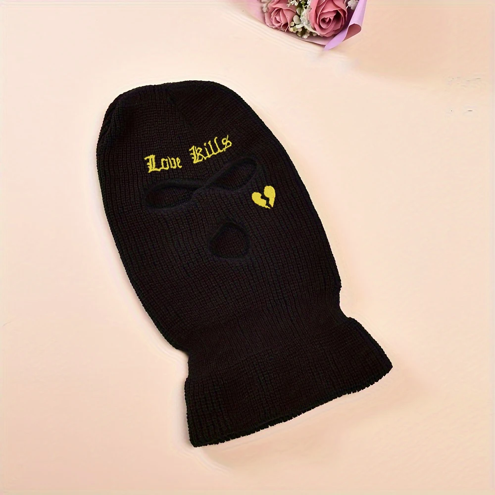 1 Pc Warm Autumn Winter 3 Hole Love Letter Embroidered Skiing Mask Outdoor Cycling Hood, Balaclava Hat