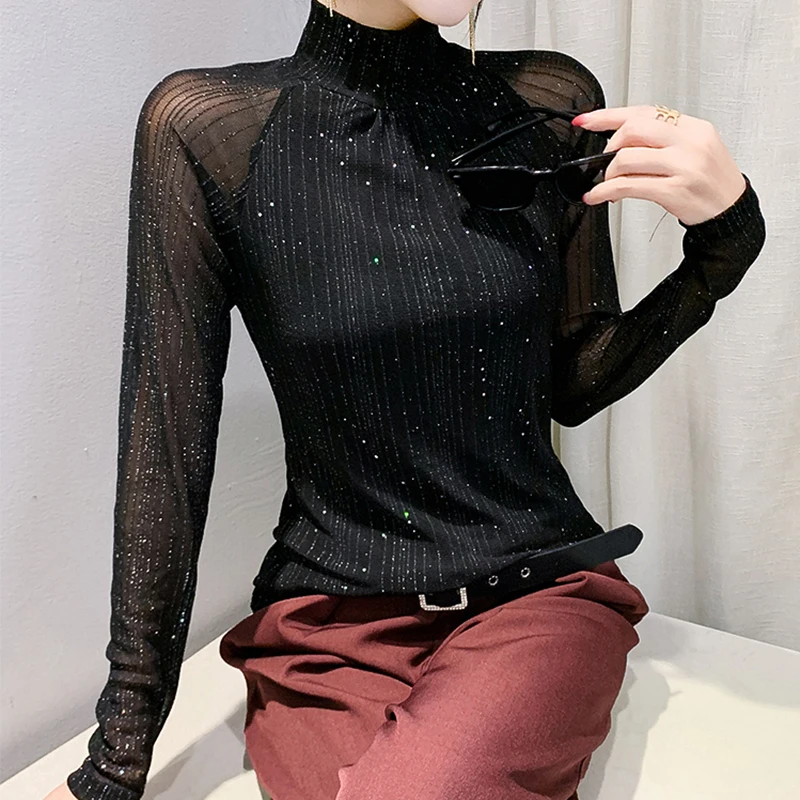 Black,Korean,Style,Fall,Winter,T-shirt,Fashion,Sexy,Mock Neck,Shiny,Silver powder,Women,Tops,Long Sleeve,Tees,2024,New,4102705