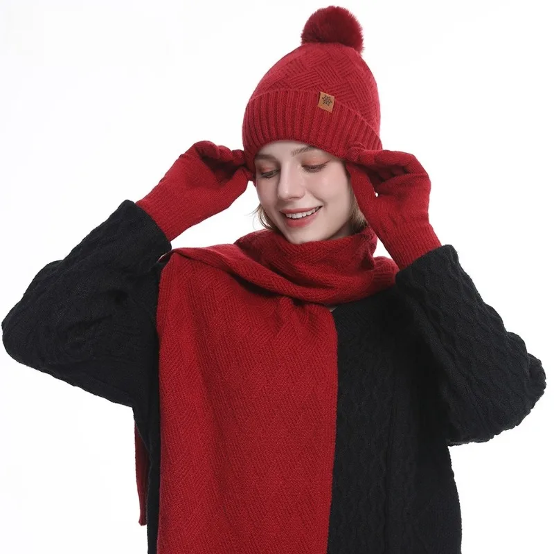 가을, 겨울 패션 다목적 모직 모자 스카프 장갑 3피스 따뜻한 더블 레이어 벨벳 니트 여성 니트 모자