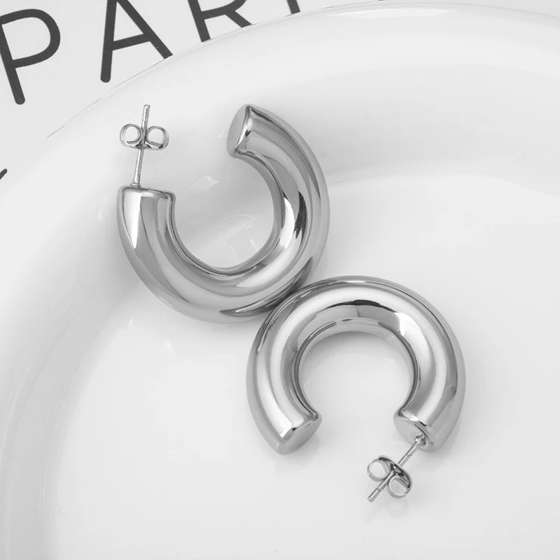 Mode Dicke Runde C Form Chunky Hoop Ohrringe Frauen Glänzend Kreis Gold Silber Farbe Stahl Nadel Stud Huggie Ohrringe Schmuck – Detail 12