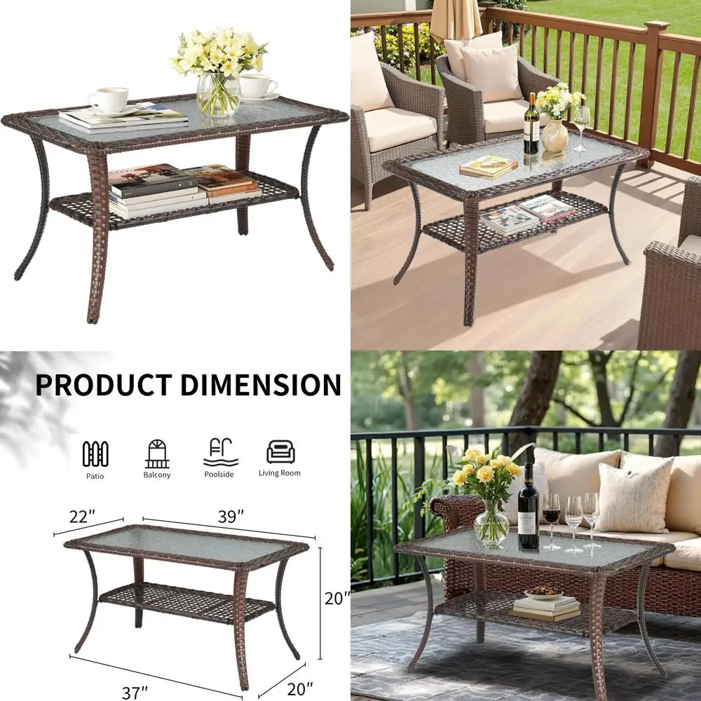 

Outdoor Wicker Patio Coffee Table with Storage and Tempered Glass Top for Balcony and Outdoor Spaces