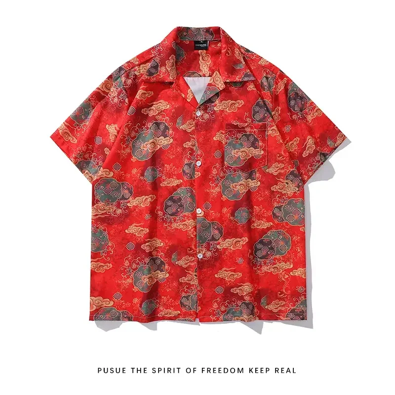 

MOISHE Full Printed Red Hawaiian Style Shirt For Men Summer Button Turndown Collar Vintage Street Shirt Loose Vacation Beach Top