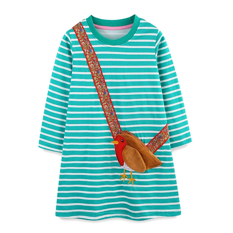 

Jumping Meters 2-7T Birds Bag Girls Dresses Striped Children's Clothes Toddler Party Birthday Kids Foral Frocks Costume