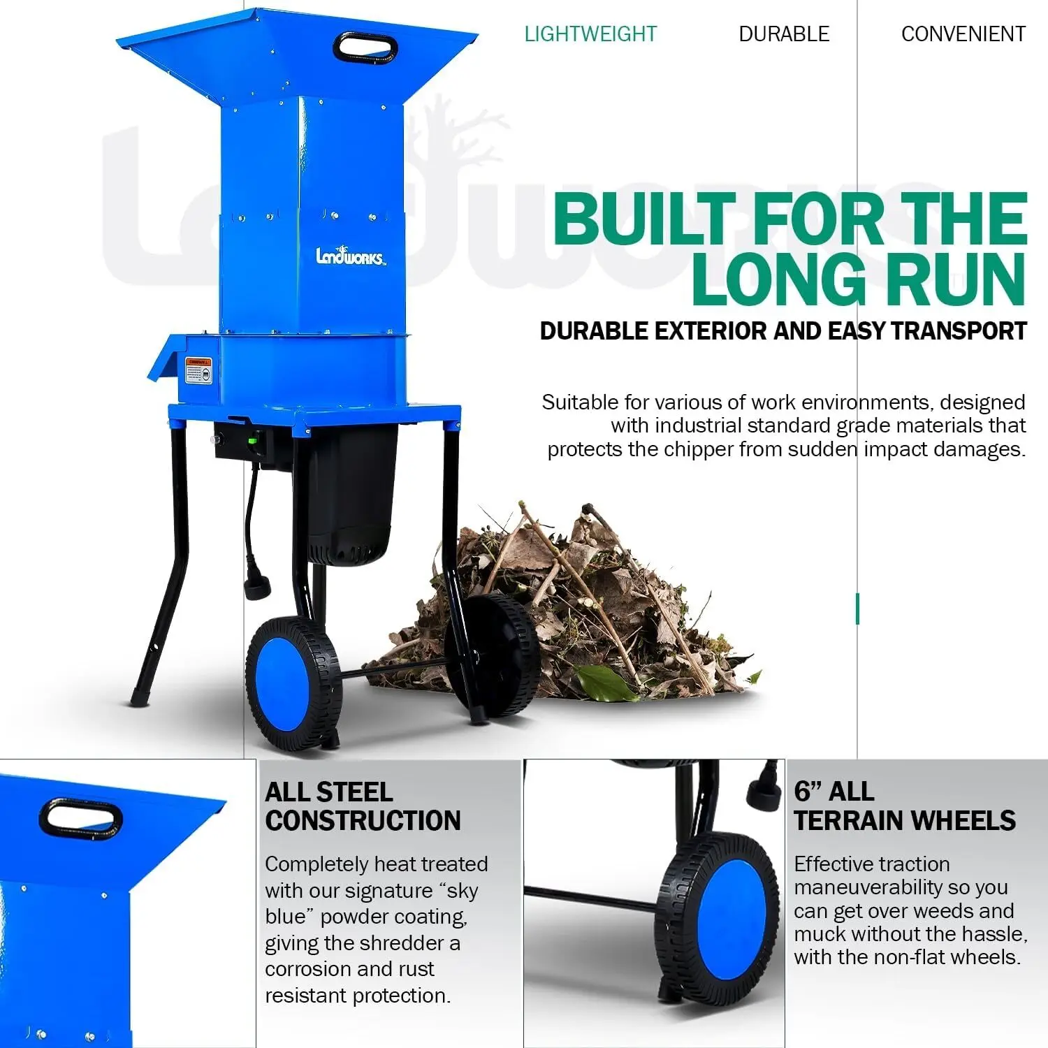 آلة تقطيع أوراق الشجر الكهربائية من Landworks - 15-AMP، 1800 وات، هيكل فولاذي، شفرات مقاس 11 بوصة 27.9 سم، 0.5 بوصة (تقريبًا. 1.3 سم)