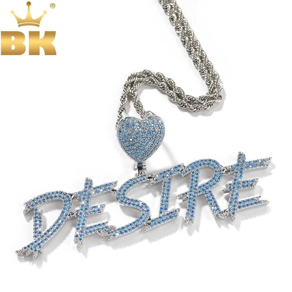 

TBTK Custom Sky Blue Brush Font Initial Letter Heart Bail Pendant Iced Out 2 Rows Bling CZ Name Necklace Hiphop Jewelry