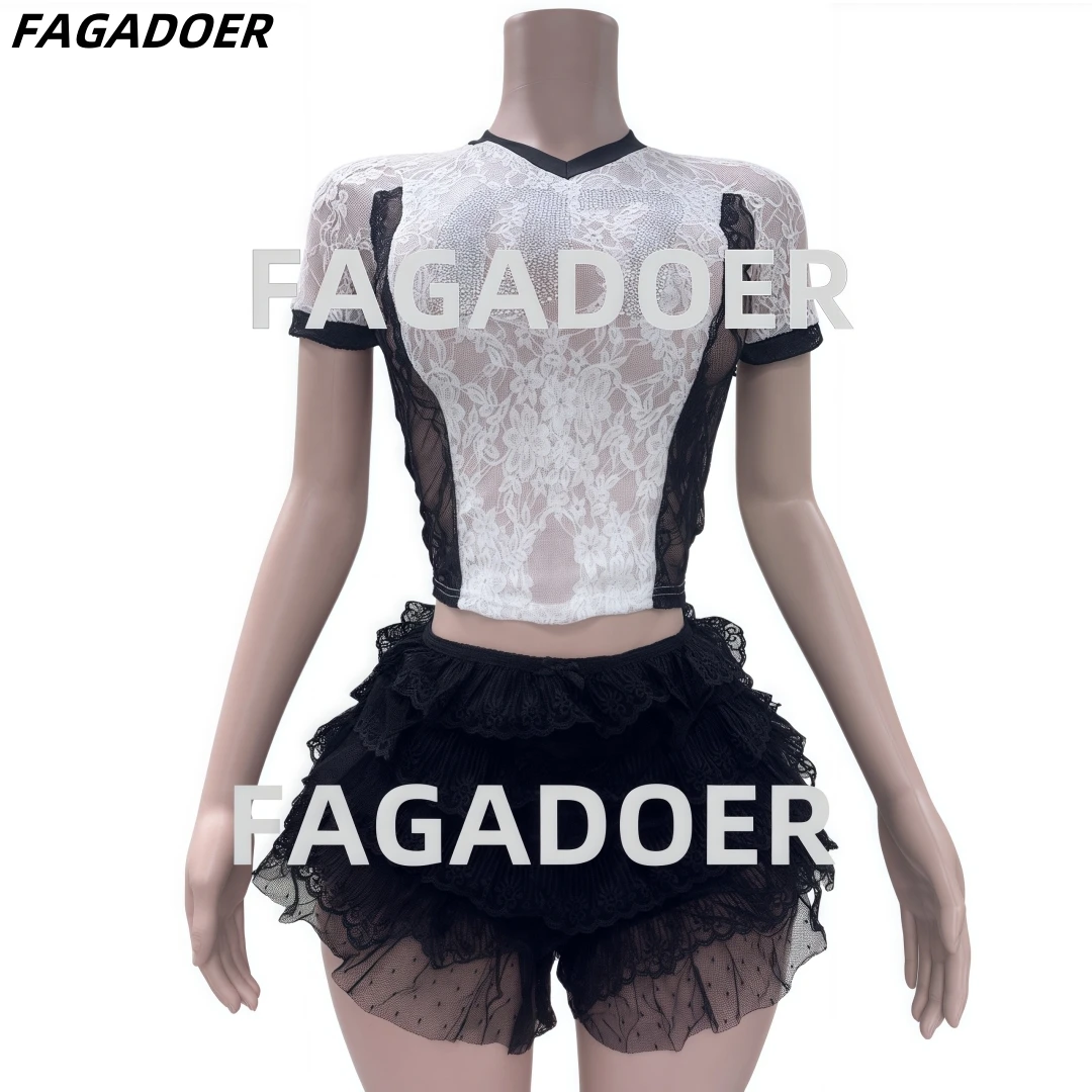 FAGADOER Sexy Lace Women 2 Piece Set Outfit See Through Mesh Patchwork Crop Top and Pleated Skirt Suits Hot Girl Streetwear New