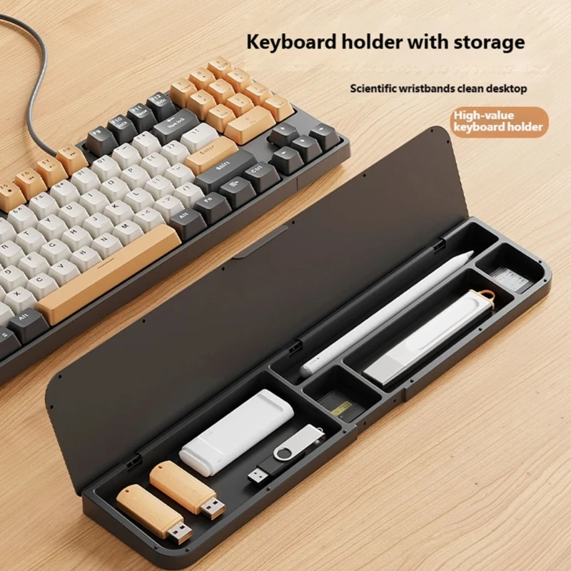 Keyboard Desk Storage Tray Wrist Rest with Hinged Lid and Divided Desktop Sections for Home Office, Study, and Gaming Use 896C